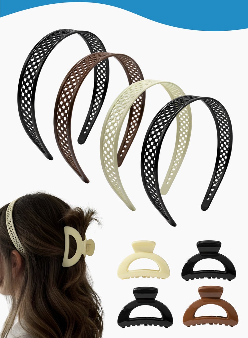 Hair Accessories Set for Women – 8PCS Combo (4 Hair Claw Clips + 4 Headbands), Strong Grip Plastic Hair Clips for Thick & Thin Hair, Daily Use Neutral Color Hair Bands - Image 1
